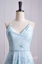 top of Floral Print Cowl Neck Cross-Back Chiffon Bridesmaid Dress