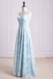 Floral Print Cowl Neck Cross-Back Chiffon Bridesmaid Dress