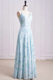 Floral Print Cowl Neck Cross-Back Chiffon Bridesmaid Dress