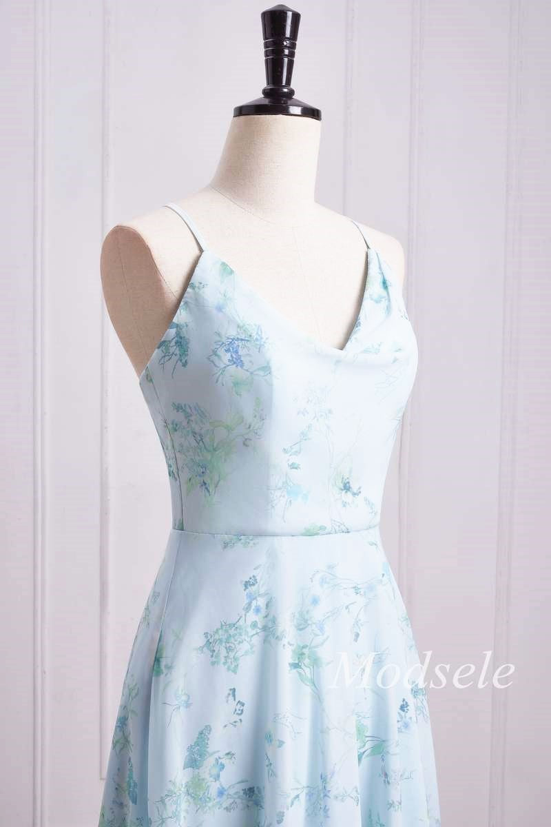 top of Floral Print Cowl Neck Cross-Back Chiffon Bridesmaid Dress