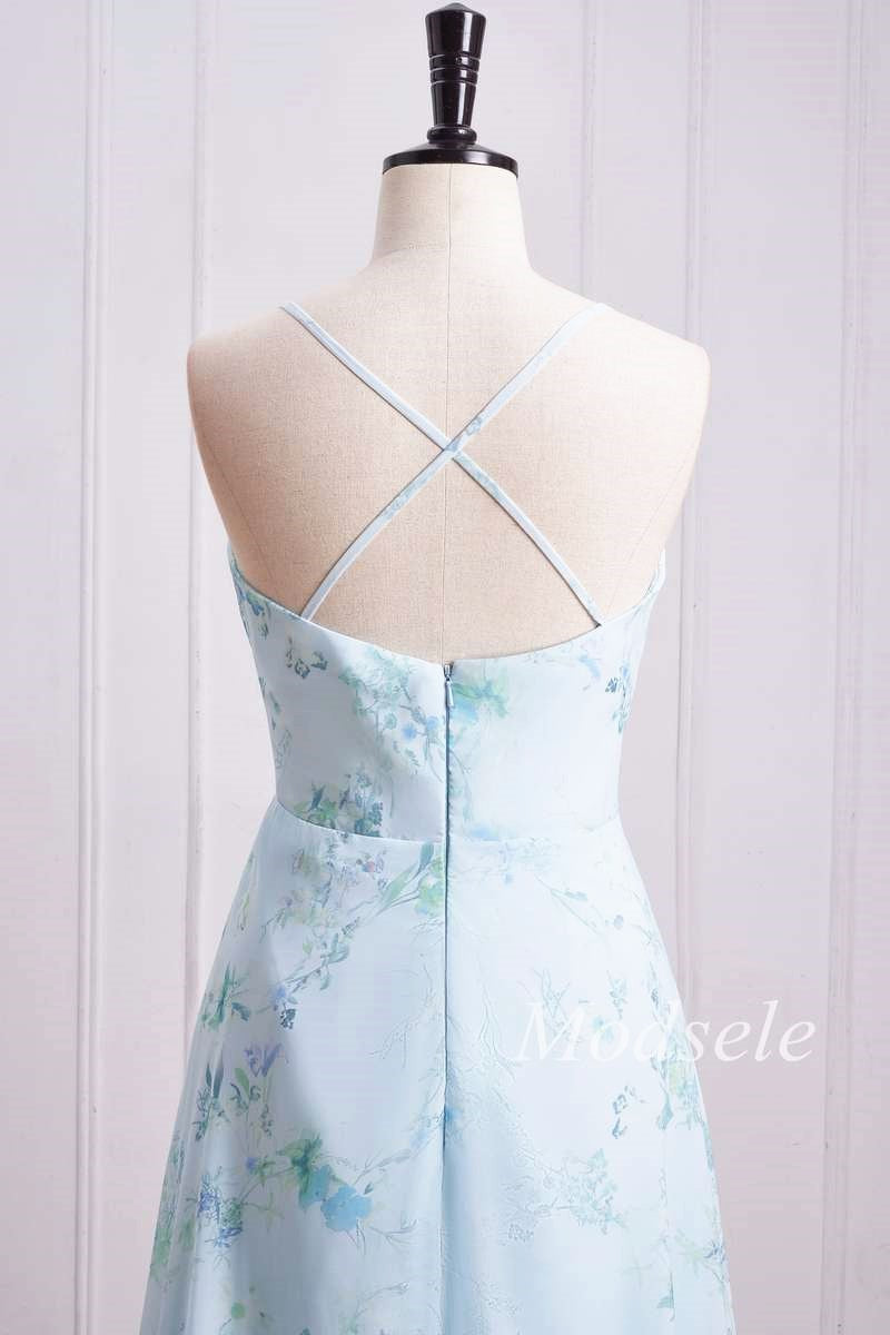 back of Floral Print Cowl Neck Cross-Back Chiffon Bridesmaid Dress