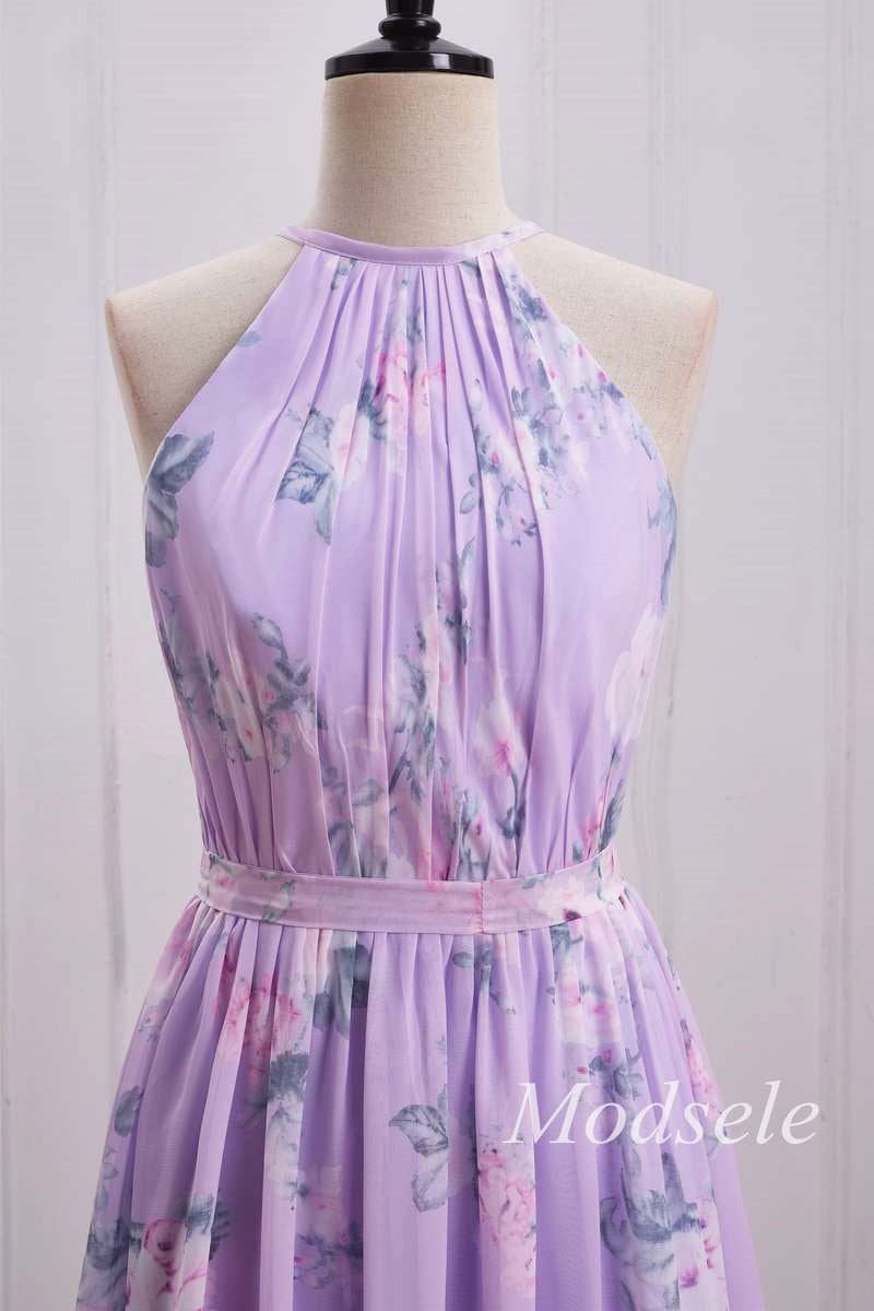 Purple Floral Print Halter Long Bridesmaid Dress