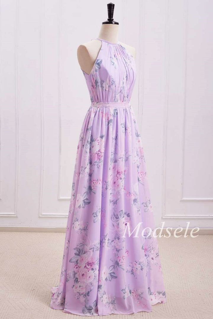 Purple Floral Print Halter Long Bridesmaid Dress
