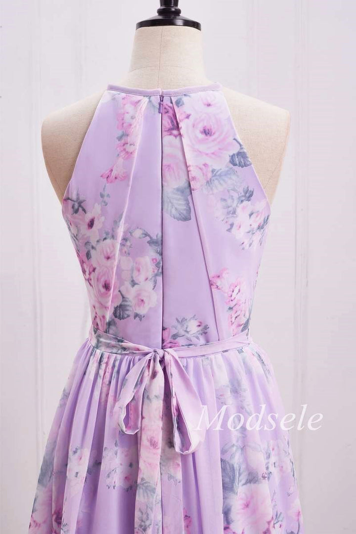 Purple Floral Print Halter Long Bridesmaid Dress