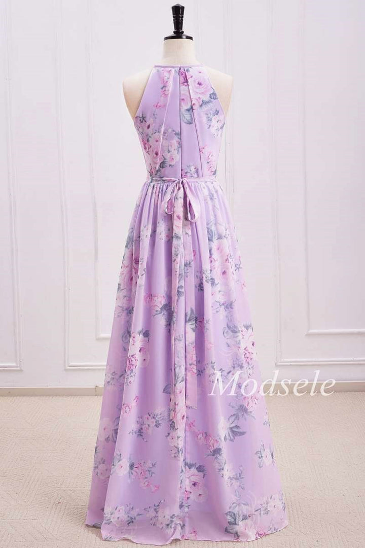 Purple Floral Print Halter Long Bridesmaid Dress