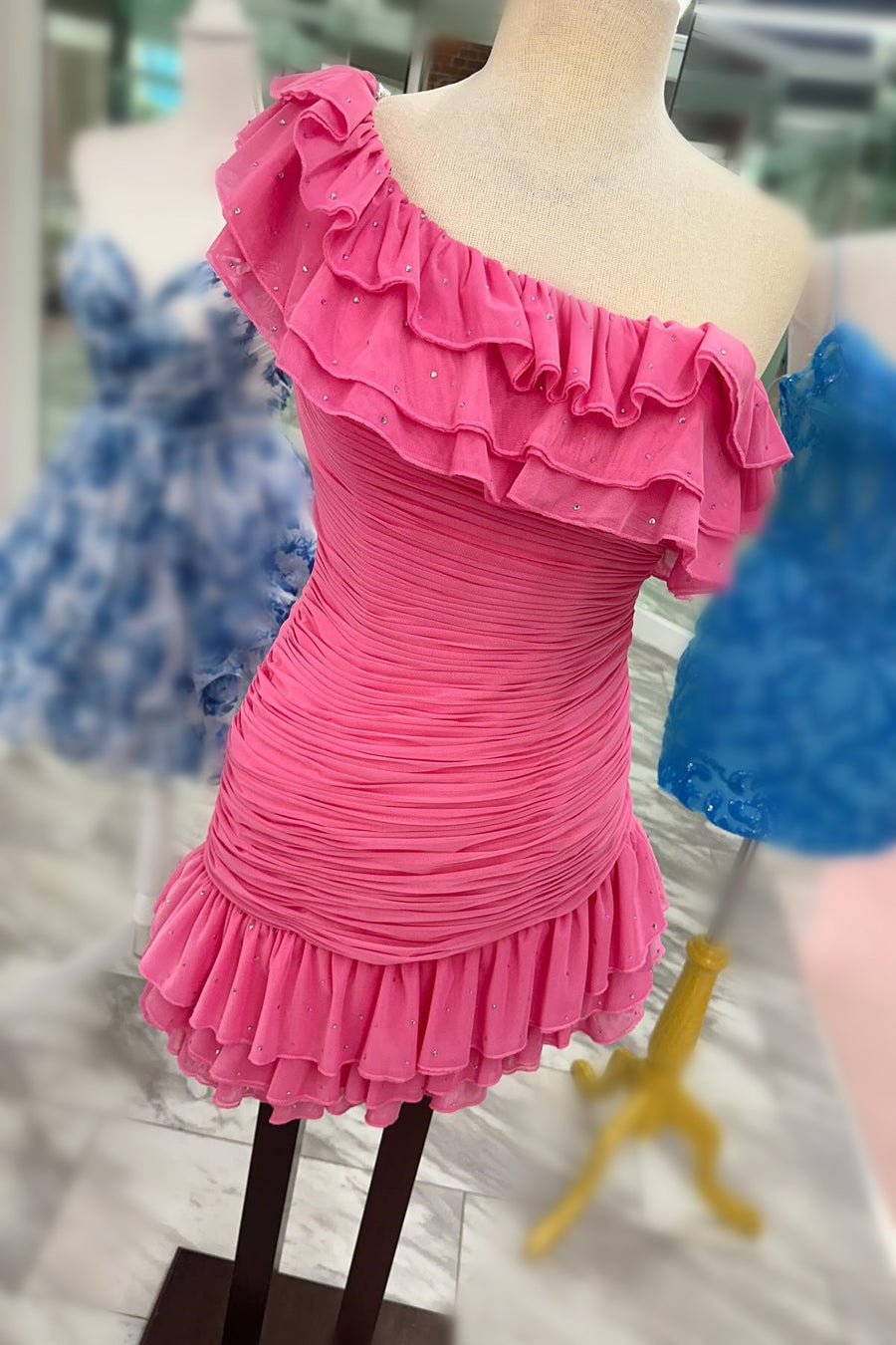 One-Shoulder Pink Ruffle Ruched Mini Homecoming Dress