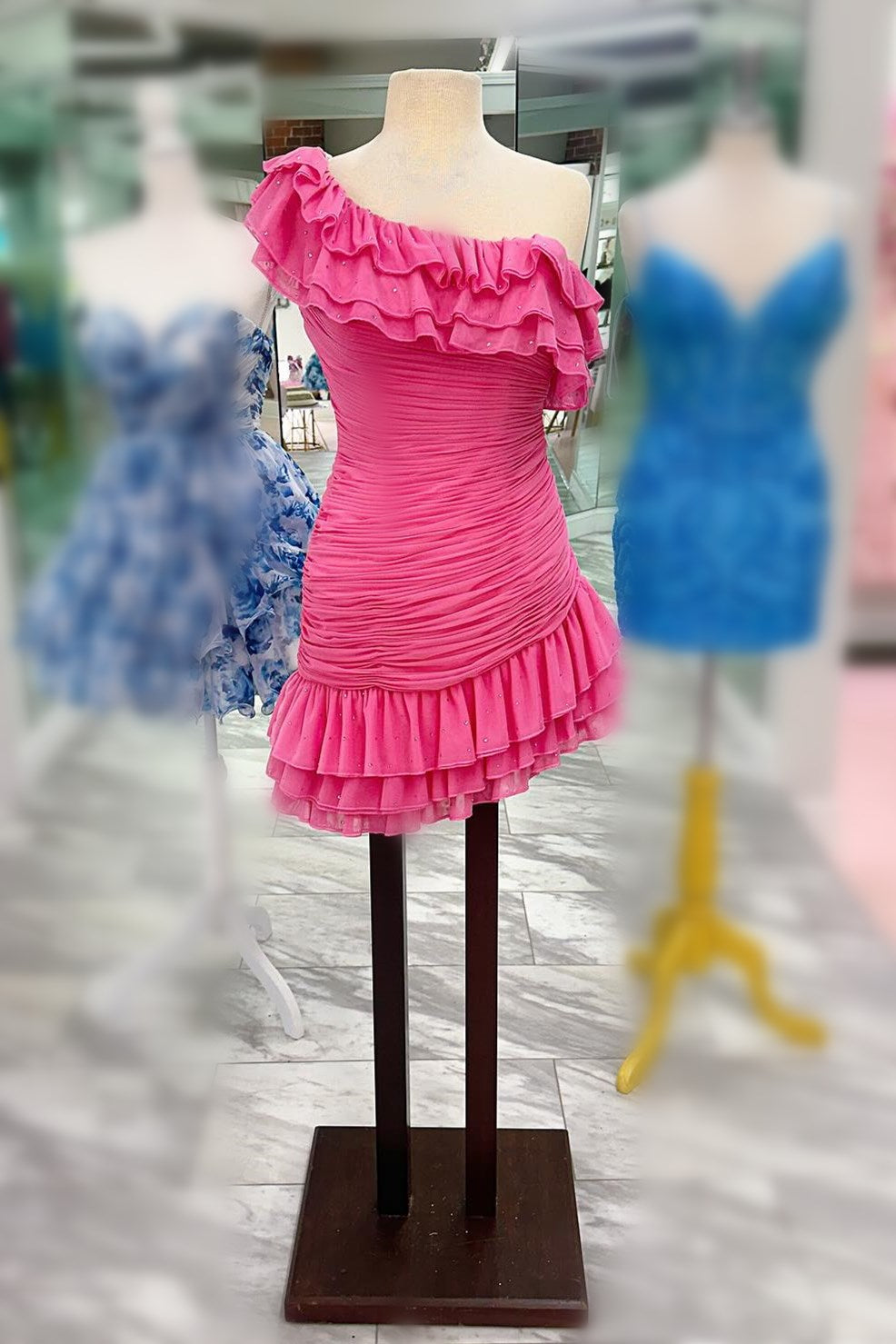 One-Shoulder Pink Ruffle Ruched Mini Homecoming Dress