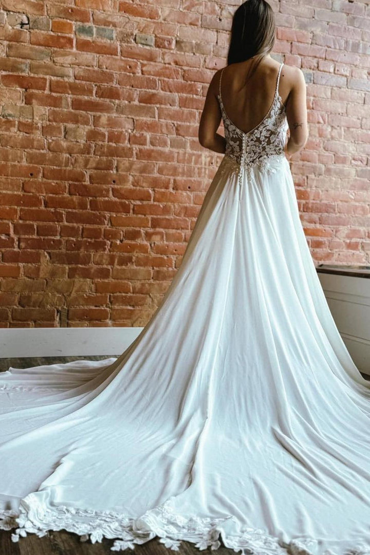 back of White Appliques Spaghetti Strap Backless Long Wedding Dress