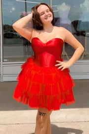 Red Sweetheart Ruffle Tiered Short Homecoming Dress