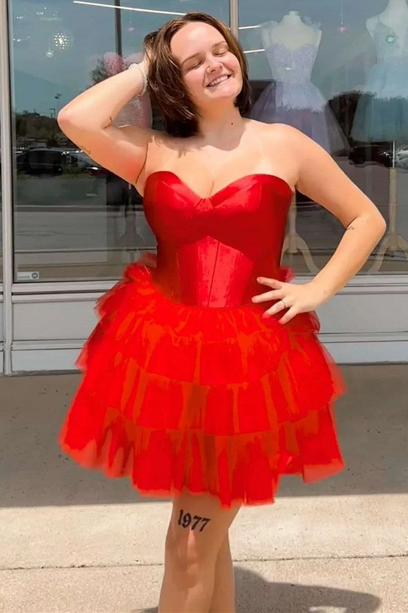 Red Sweetheart Ruffle Tiered Short Homecoming Dress