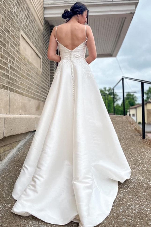 back of White V-Neck A-Line Long Wedding Dress with Appliques