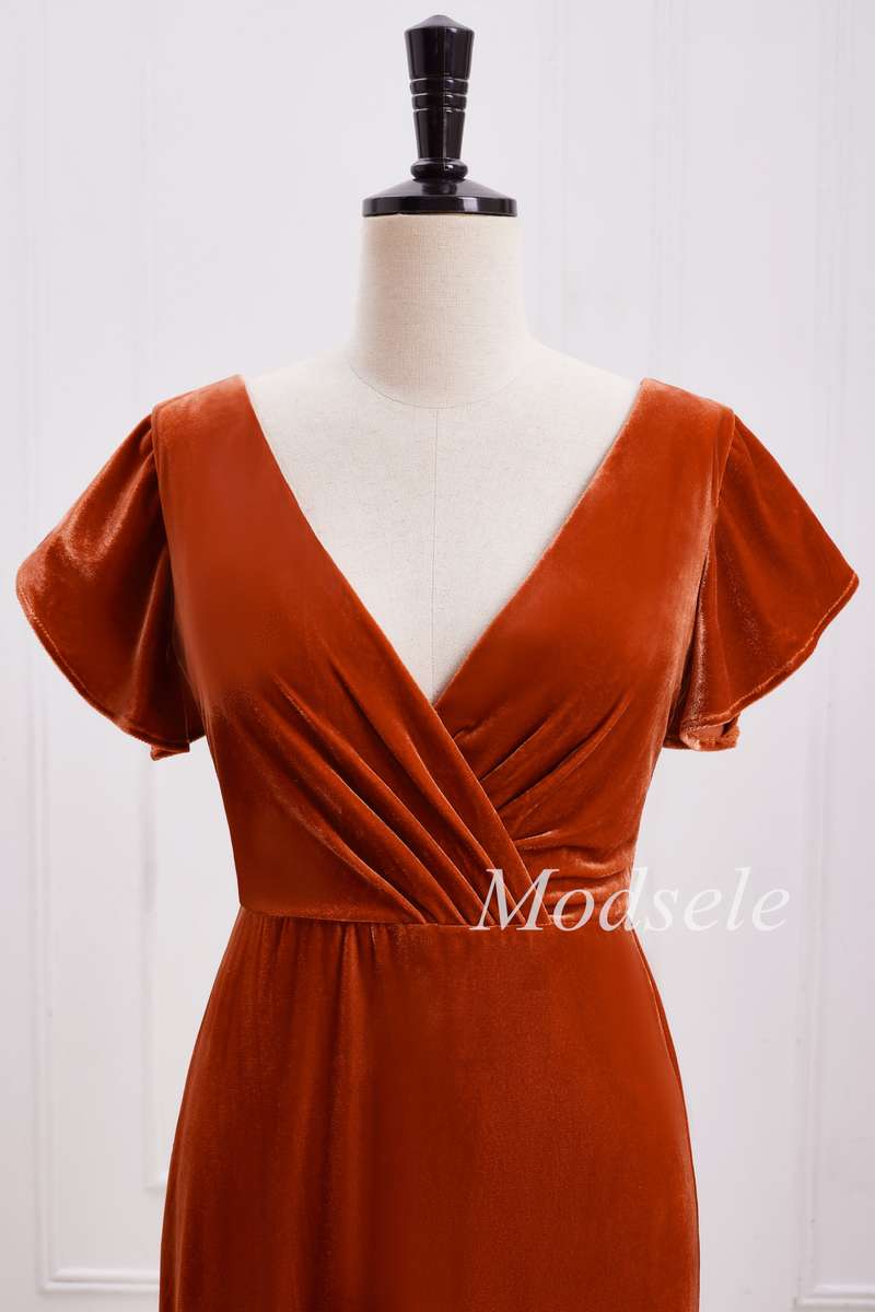 top of Rust Orange Velvet Surplice Backless Bridesmaid Dress