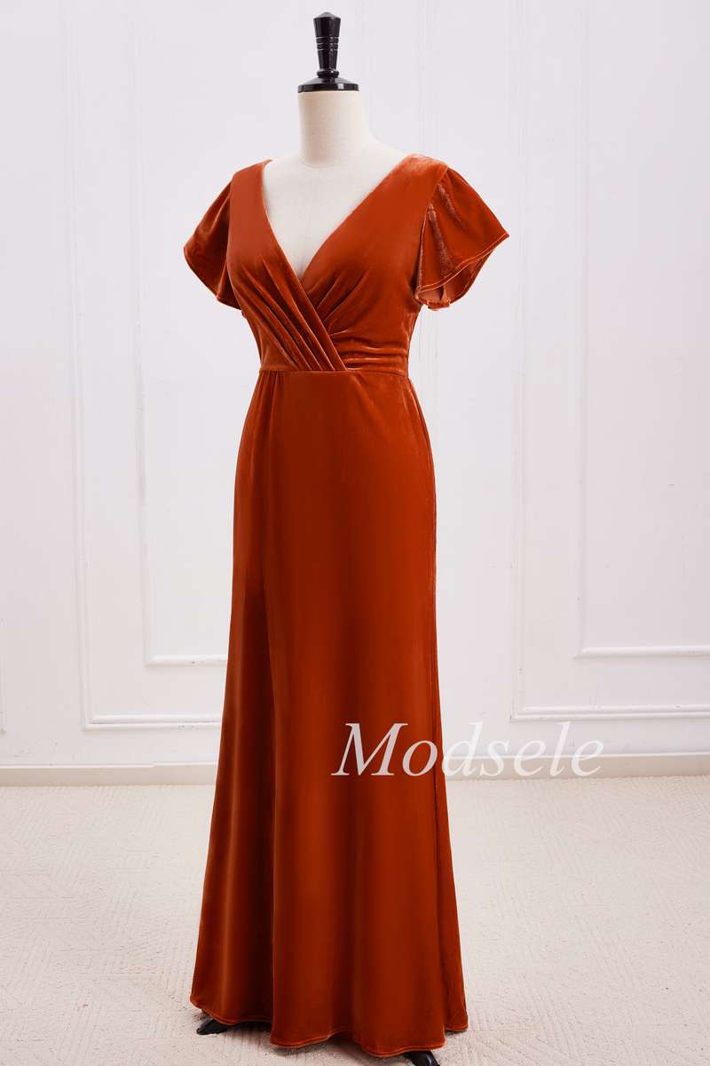 Rust Orange Velvet Surplice Backless Bridesmaid Dress