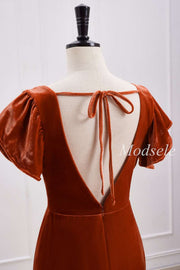 back of Rust Orange Velvet Surplice Backless Bridesmaid Dress