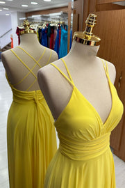 V-Neck Cross Back Chiffon Bridesmaid Dress in Yellow