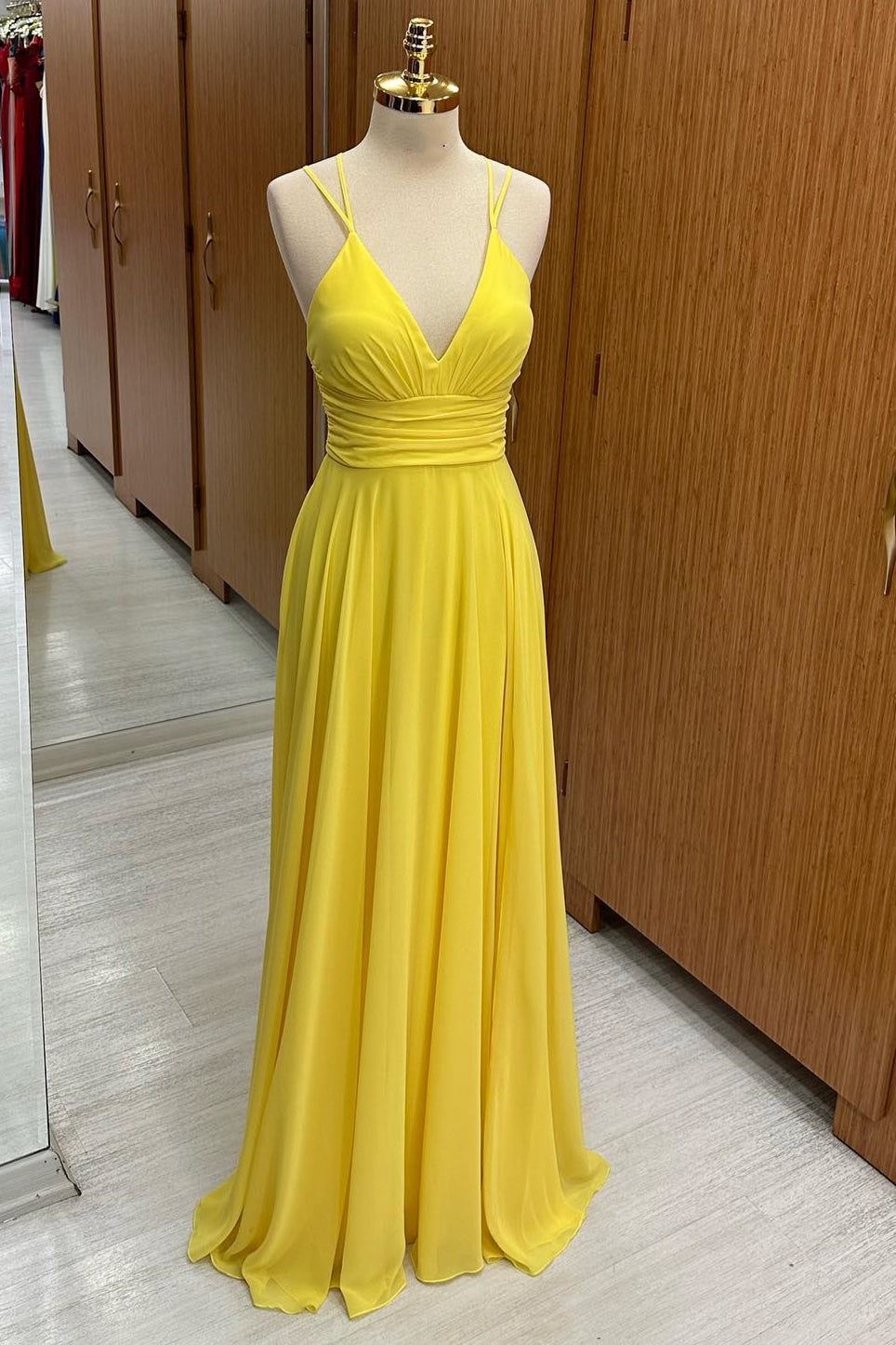 V-Neck Cross Back Chiffon Bridesmaid Dress in Yellow – Modsele