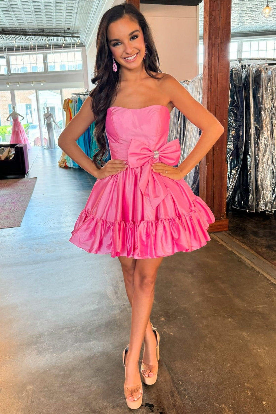 Pink Strapless Ruffle Homecoming Dress with Bow