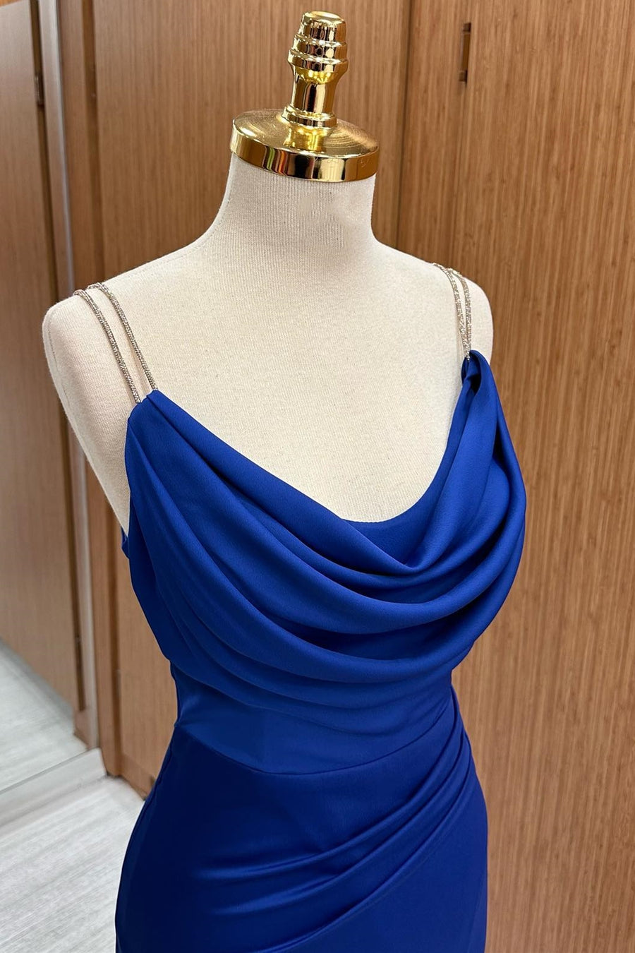 top of Royal Blue Cowl Neck Sheath Maxi Dress with Slit