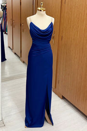 Royal Blue Cowl Neck Sheath Maxi Dress with Slit