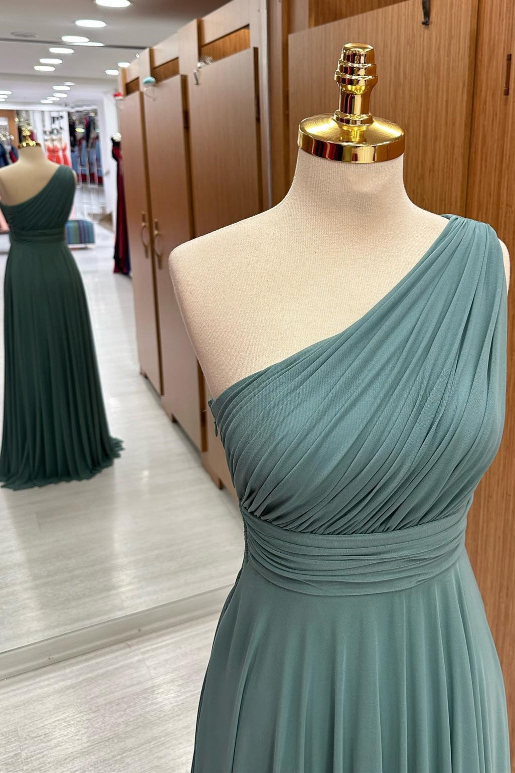 Dusty Sage One-Shoulder A-Line Chiffon Bridesmaid Dress