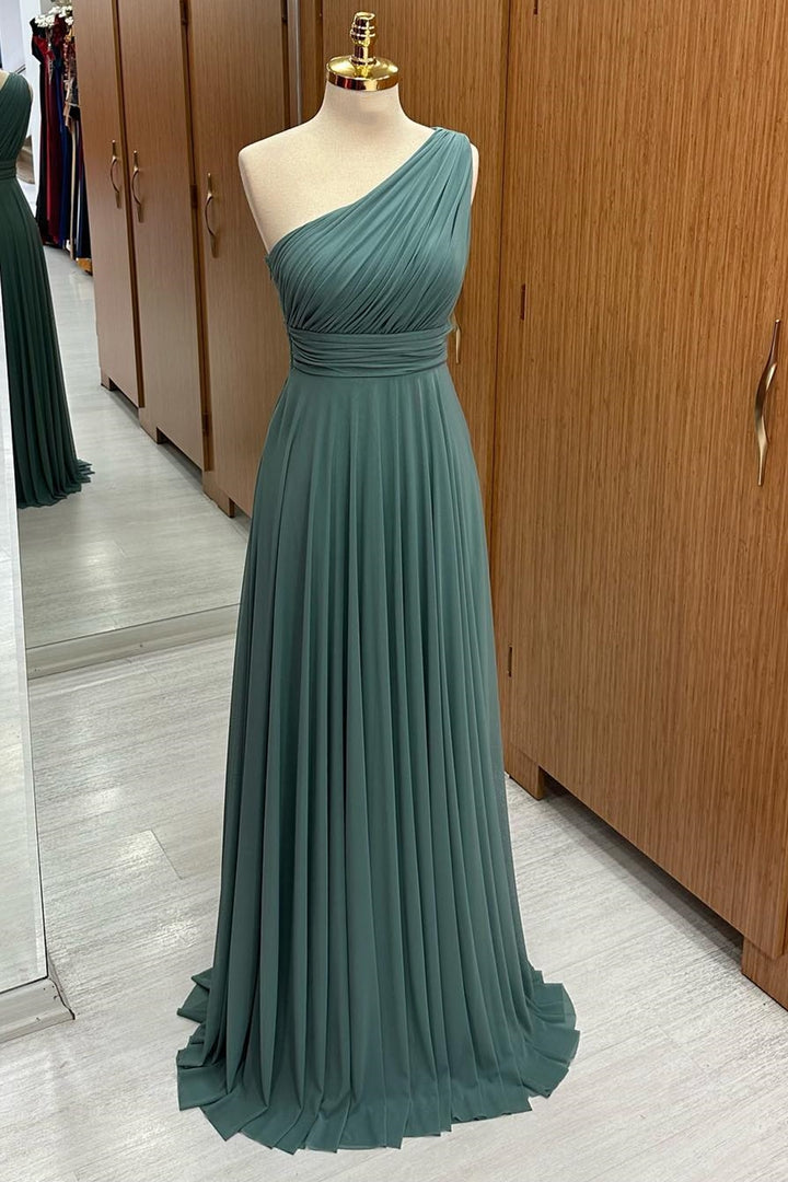Dusty Sage One-Shoulder A-Line Chiffon Bridesmaid Dress