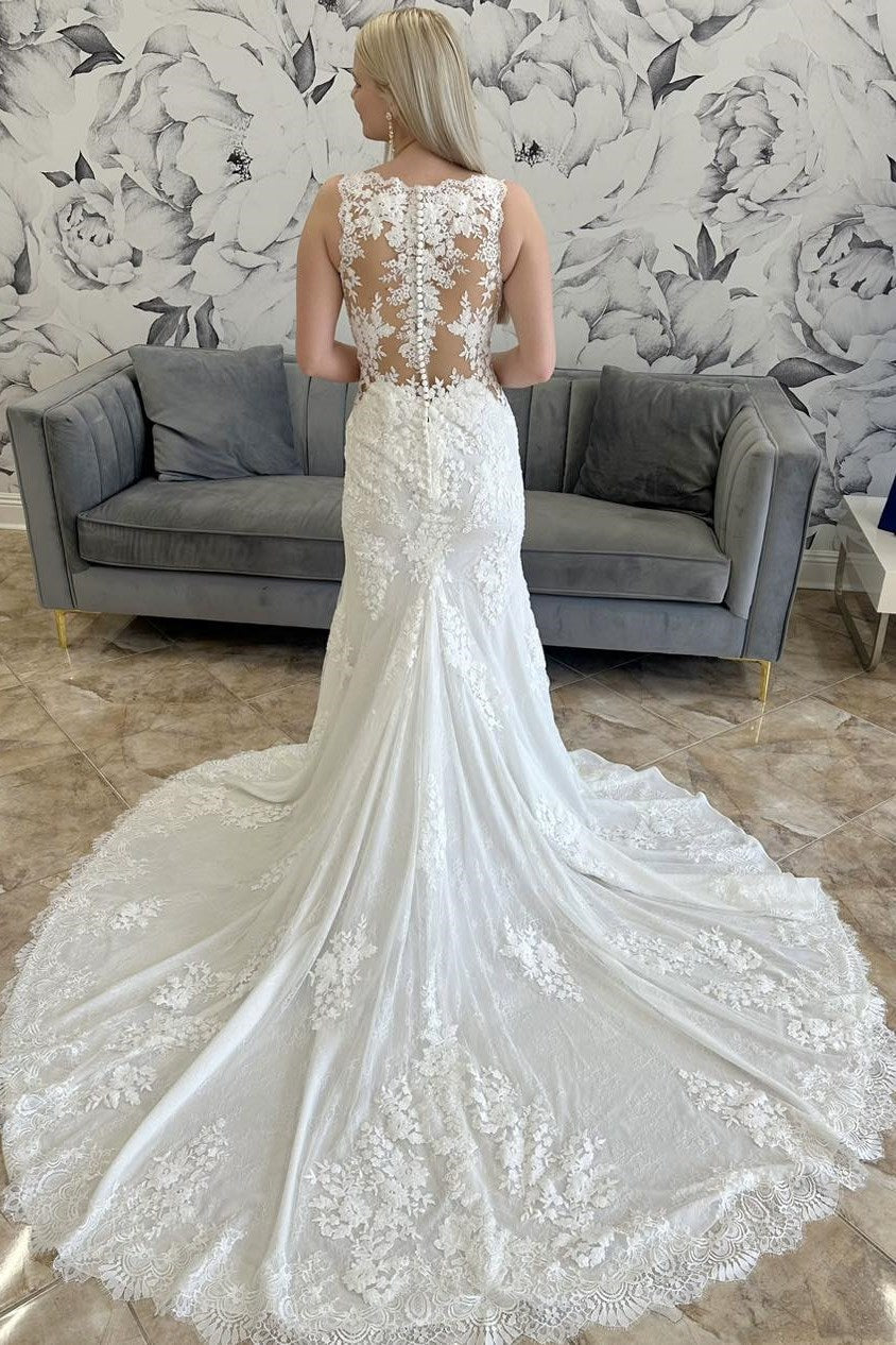 White Lace V-Neck Sheer Back Mermaid Long Wedding Dress