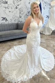 White Lace V-Neck Sheer Back Mermaid Long Wedding Dress