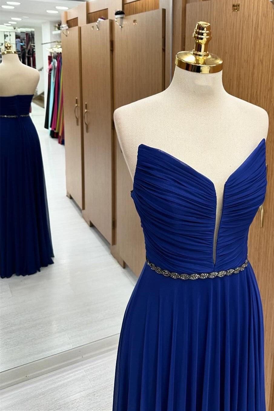 Royal Blue Strapless Chiffon Wedding Guest Dress with Beaded Sash