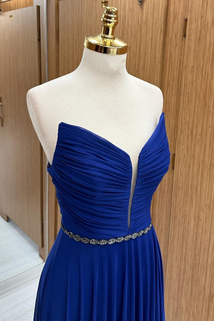 Royal Blue Strapless Chiffon Wedding Guest Dress with Beaded Sash