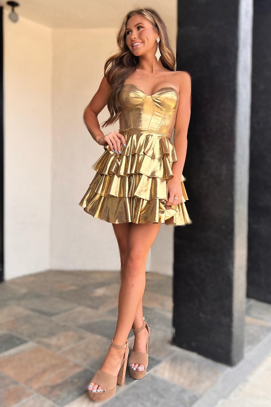 Strapless Metallic Gold Ruffle Tiered Mini Homecoming Dress