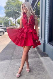 Red Halter Ruffle Tiered Homecoming Dress
