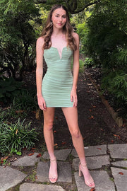 Sage Green Notched Ruched Mini Homecoming Dress