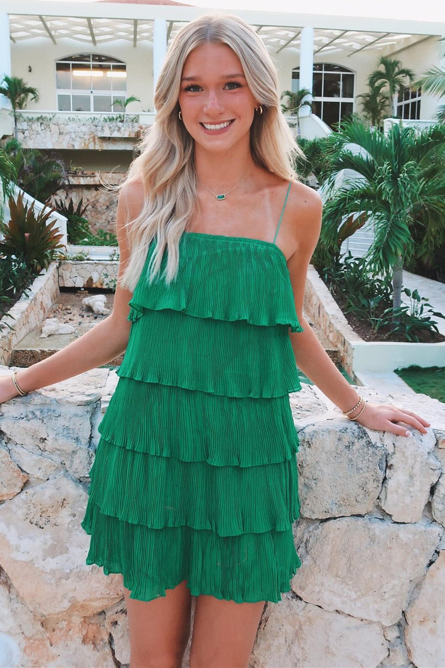 Green Spaghetti Strap Ruffle Tiered Pleated Party Dress