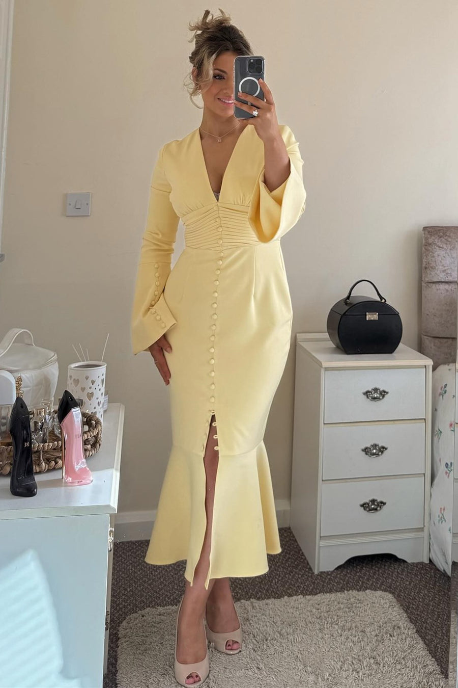 Yellow V-Neck Button-Up Mermaid Wedding Guest Dress