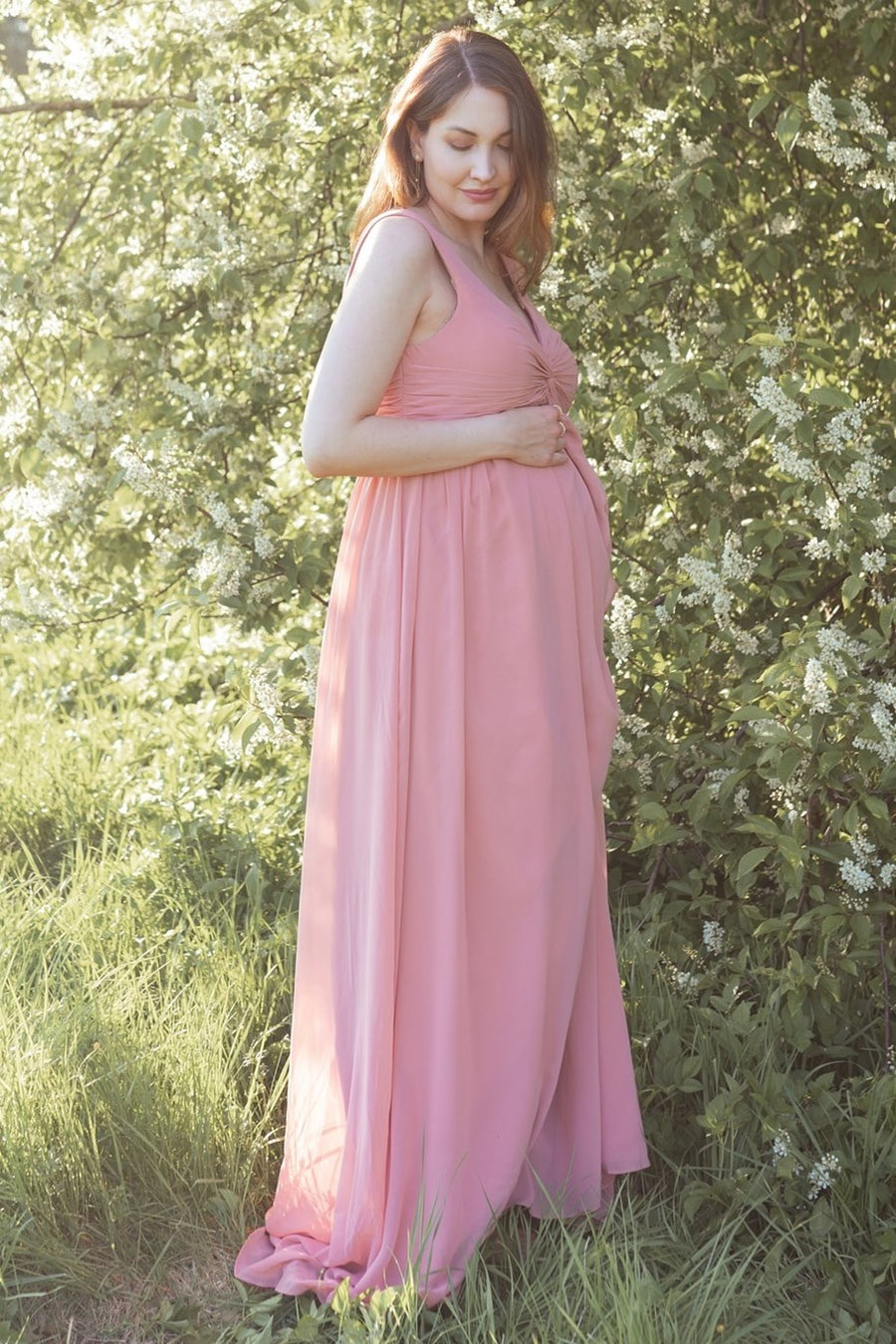 Rose Twist-Front Sleeveless Maternity Chiffon Bridesmaid Dress