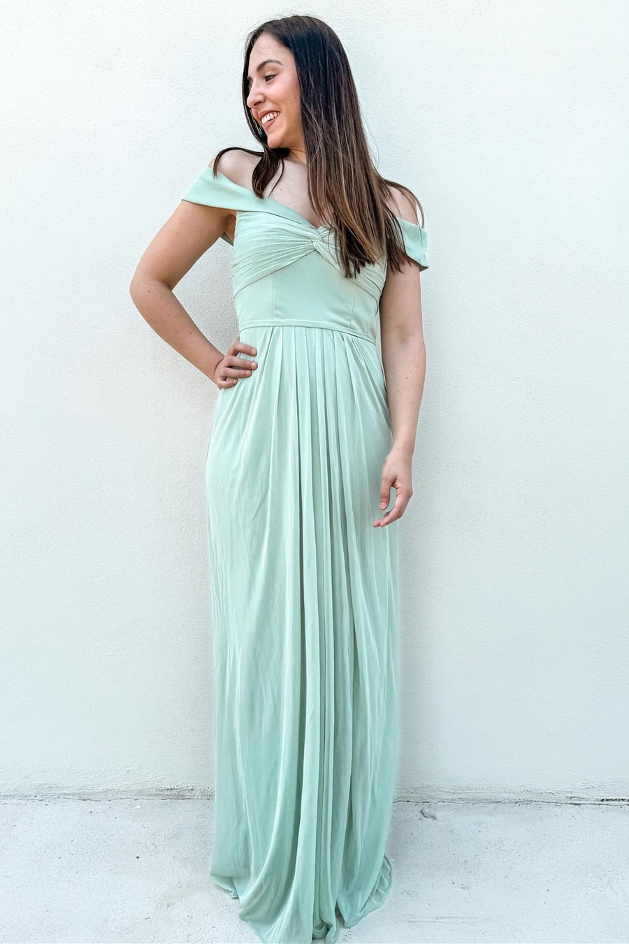 Off-the-Shoulder Twist-Front Long Bridesmaid Dress in Sage
