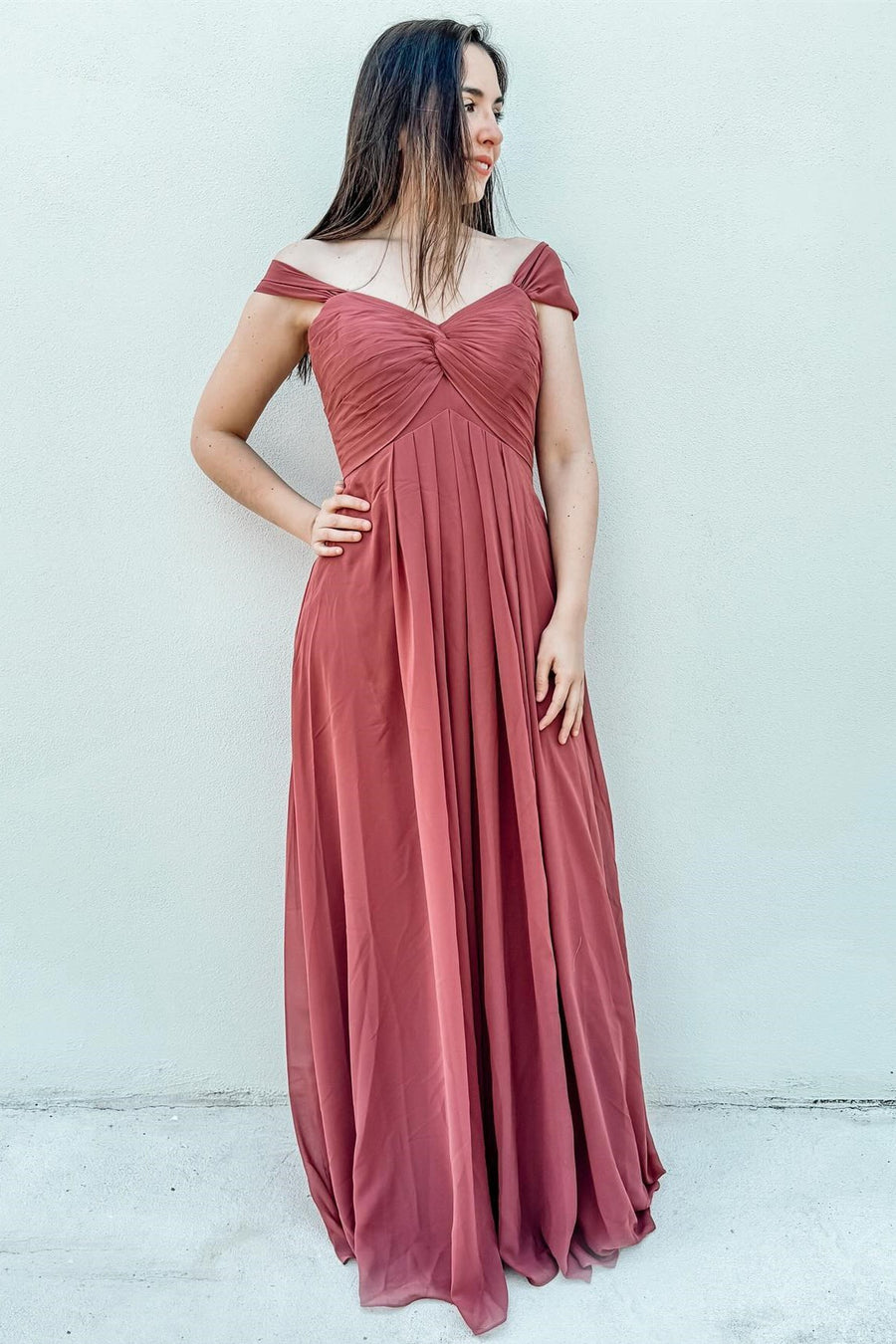 Off-the-Shoulder Twist-Front Long Bridesmaid Dress in Rust Red