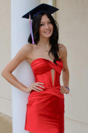 Strapless Keyhole Ruched Mini Satin Homecoming Dress