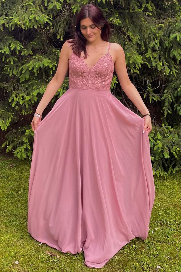 Rose Lace Chiffon Spaghetti Strap Long Bridesmaid Dress