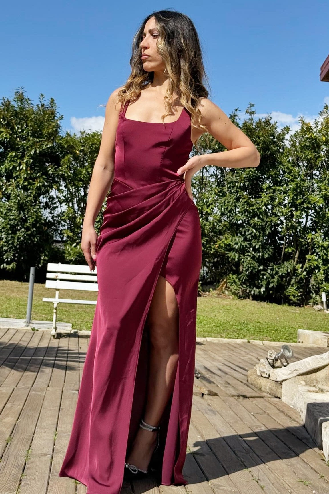 Burgundy Square Neck Cutout Back Ruched Maxi Dress