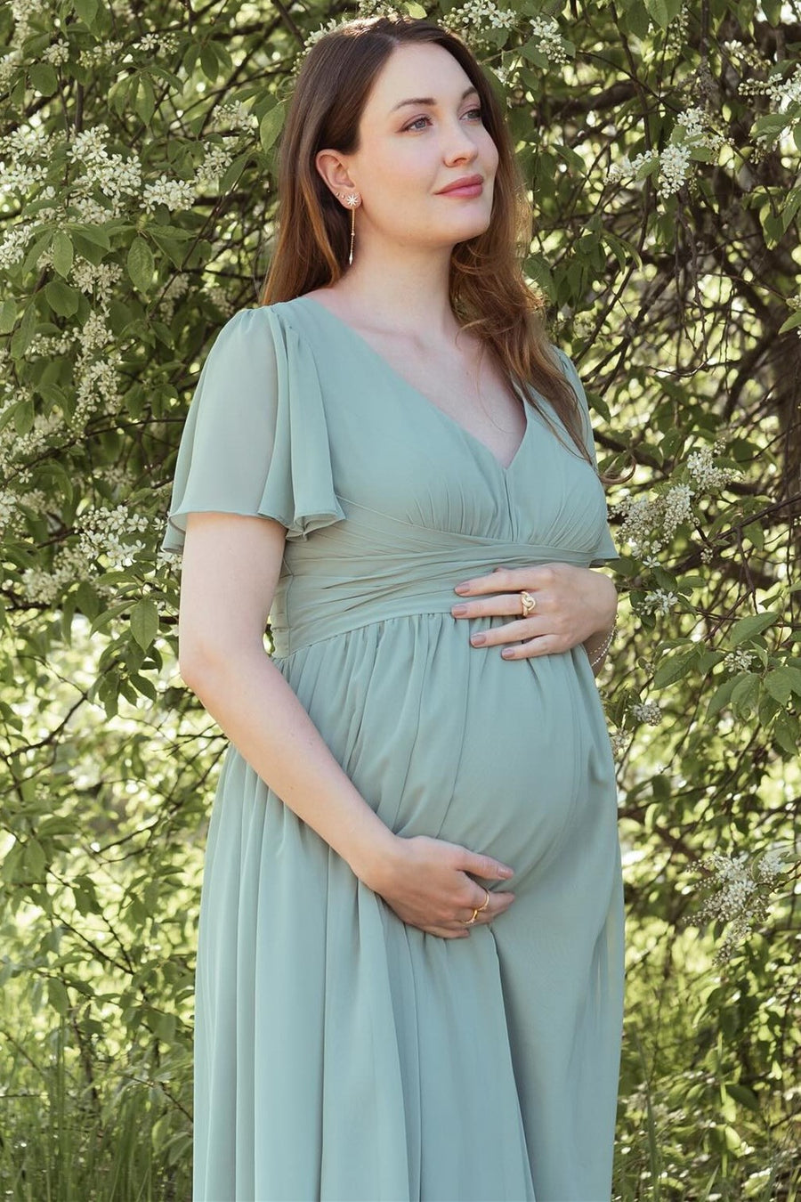 Dusty Sage V-Neck Maternity Bridesmaid Dress with Flared Sleeves Modsele Dusty Sage V-Neck Maternity Bridesmaid Dress with Flared Sleeves Modsele