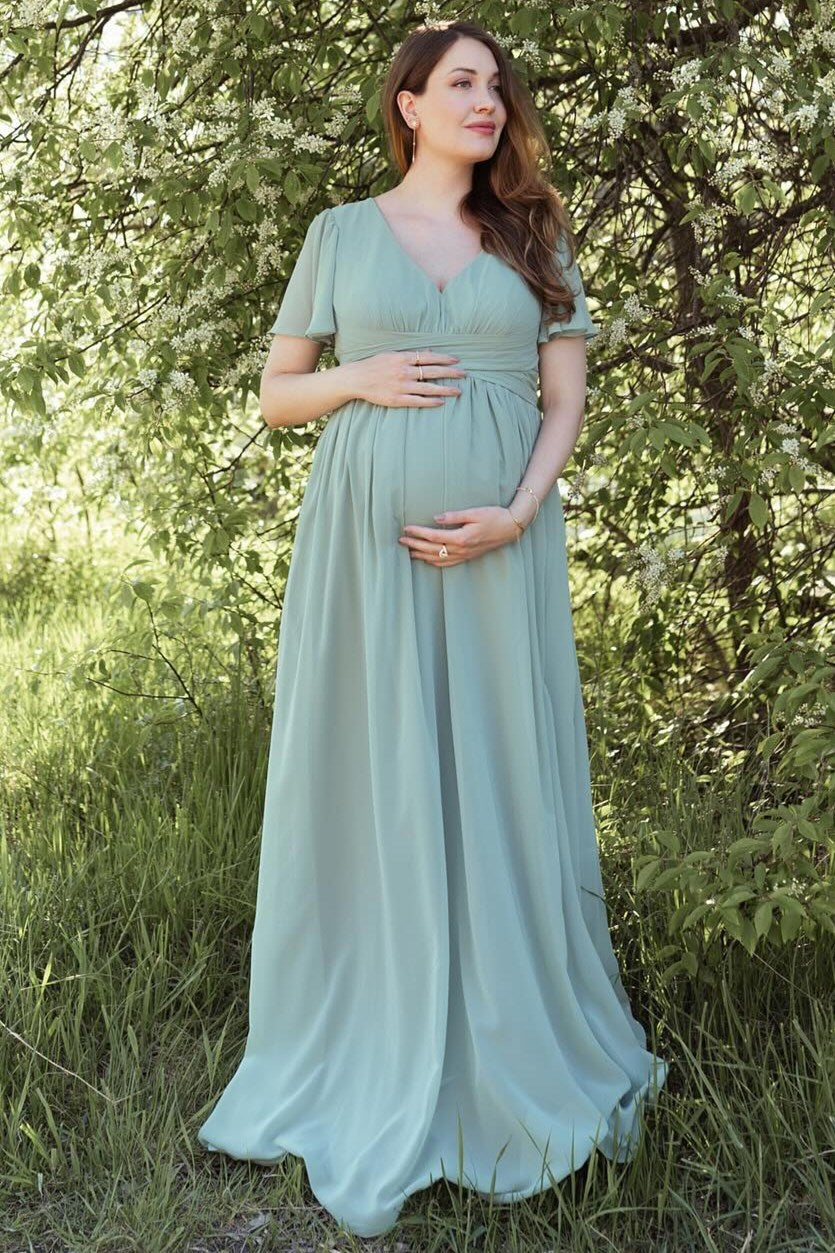  Dusty Sage V-Neck Maternity Bridesmaid Dress with Flared Sleeves