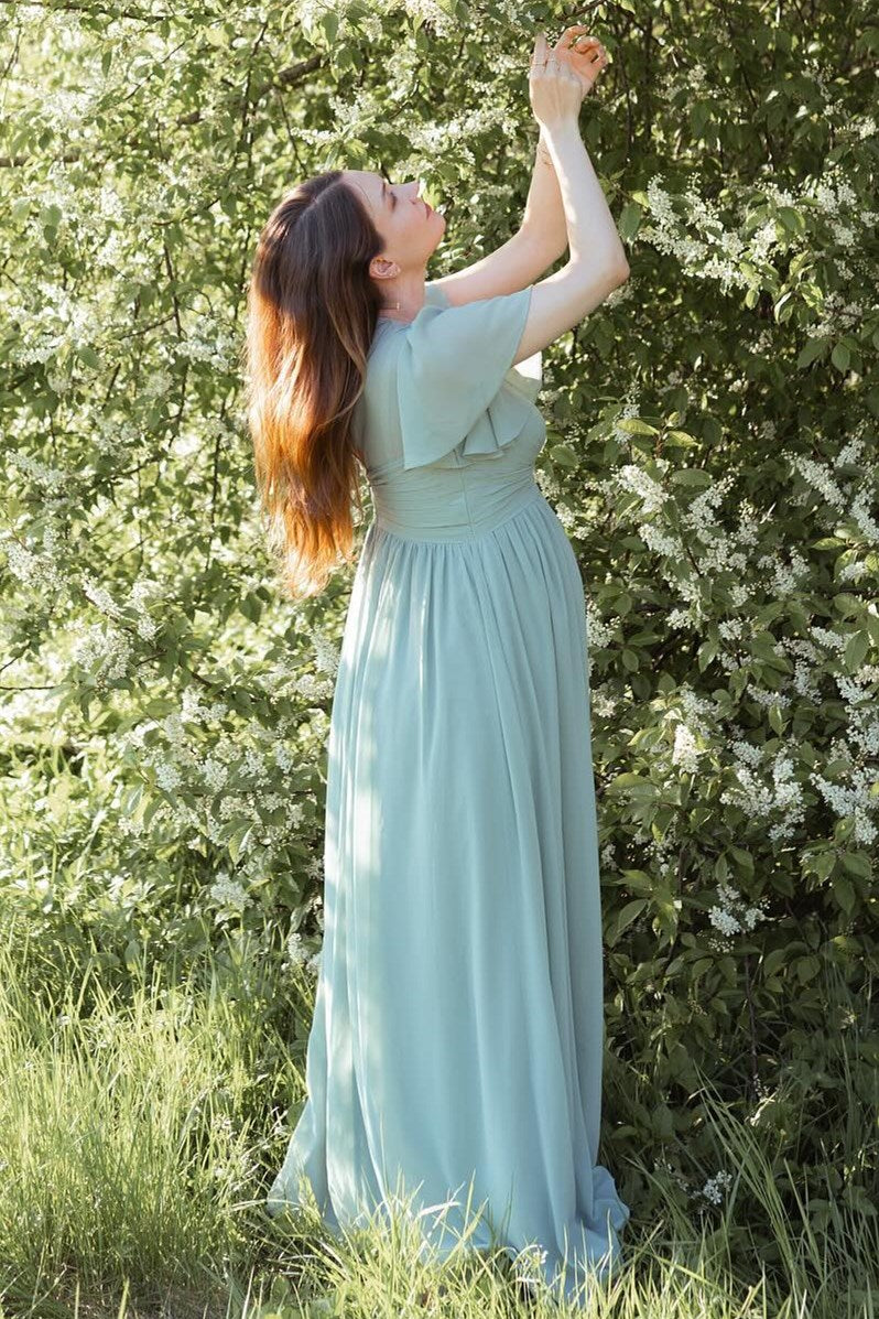 Dusty Sage V-Neck Maternity Bridesmaid Dress with Flared Sleeves Modsele Dusty Sage V-Neck Maternity Bridesmaid Dress with Flared Sleeves Modsele