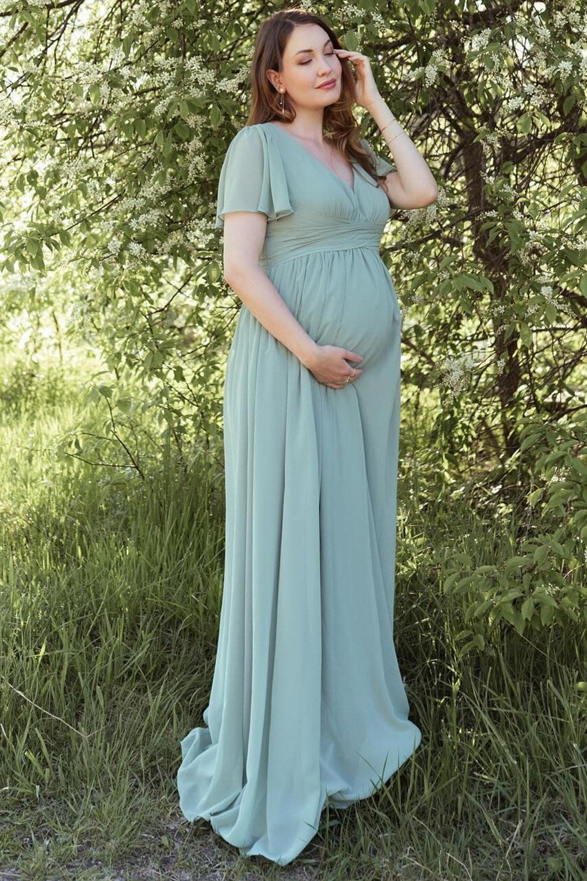 Dusty Sage V-Neck Maternity Bridesmaid Dress with Flared Sleeves Modsele Dusty Sage V-Neck Maternity Bridesmaid Dress with Flared Sleeves Modsele