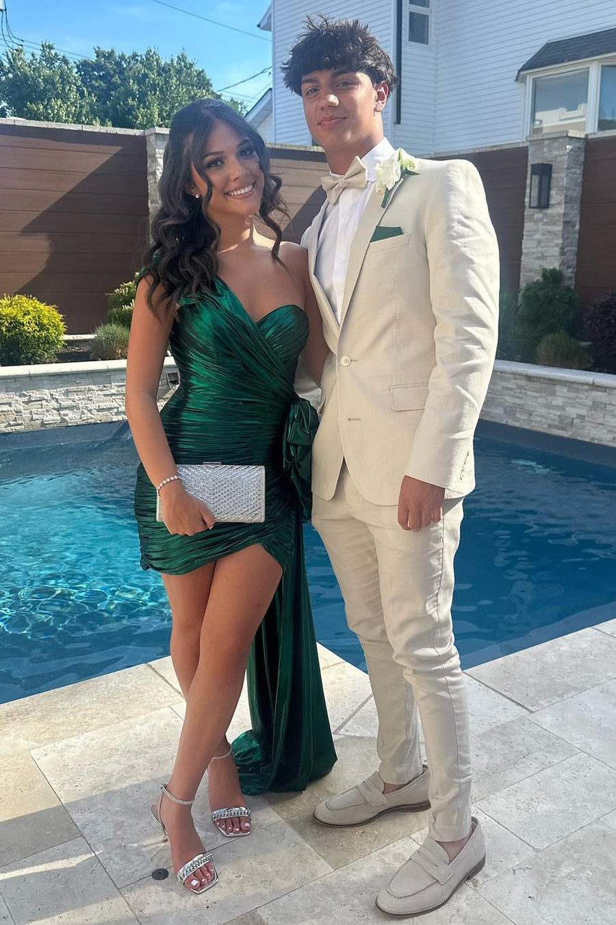 Metallic Green One-Shoulder Ruched Homecoming Dress