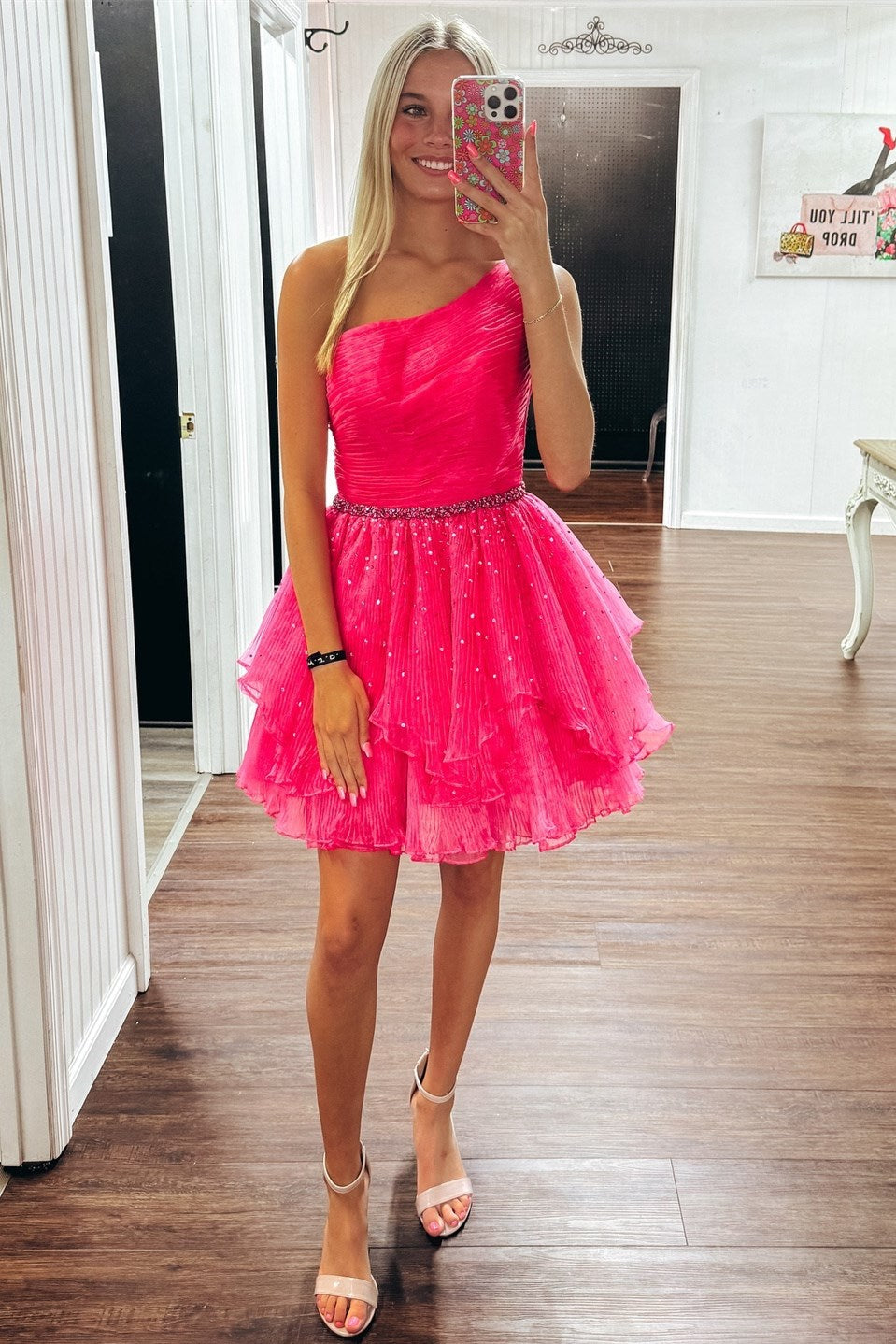 One-Shoulder Beaded Ruffle Homecoming Dress in Hot Pink