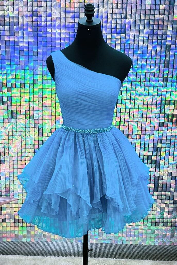 One-Shoulder Beaded Ruffle Homecoming Dress in Blue Modsele One-Shoulder Beaded Ruffle Homecoming Dress in Blue Modsele