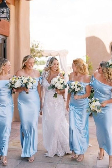 Blue Sheath Off-Shoulder Satin Bow Pleated  Long Bridesmaid Dress