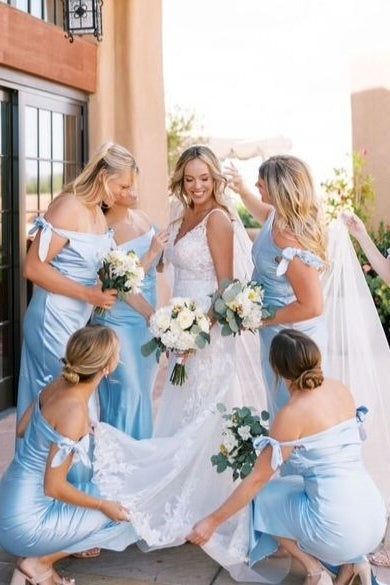 Blue Sheath Off-Shoulder Satin Bow Pleated  Long Bridesmaid Dress