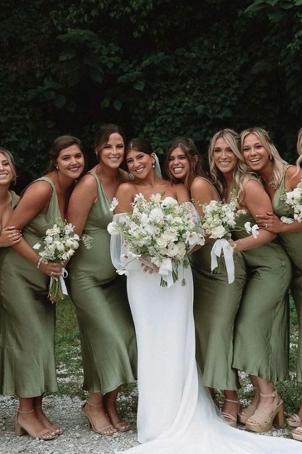 Olive V-Neck Straps Satin Sleeveless Pleated Bridesmaid Dress – Modsele